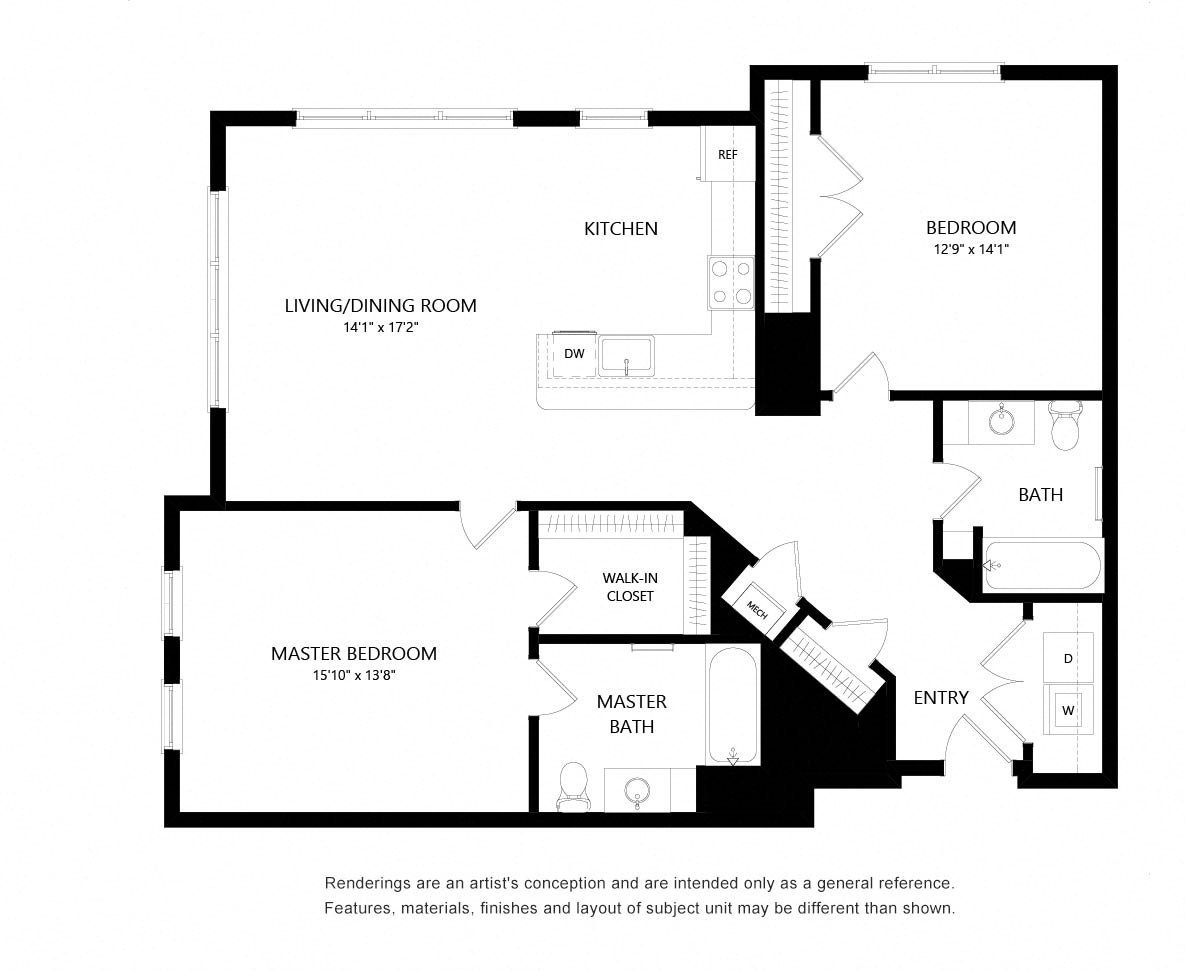 Floor plan for 2 beds, 2 baths, 1228 sqft
